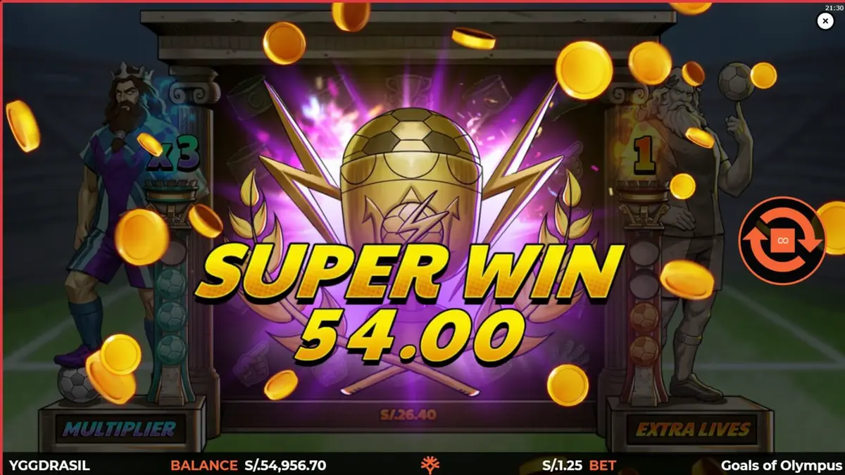 Interface do jogo de slot Goals of Olympus BoltLock com elementos de mitologia e futebol