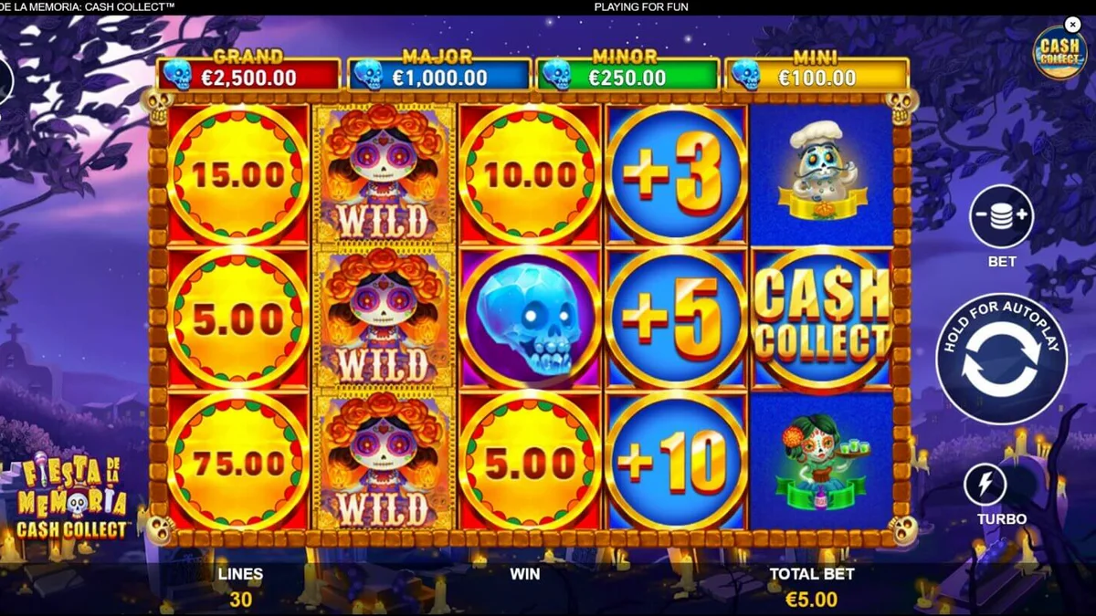 Tela de jogo colorida do slot Fiesta de la Memoria Cash Collect com tema de Dia dos Mortos